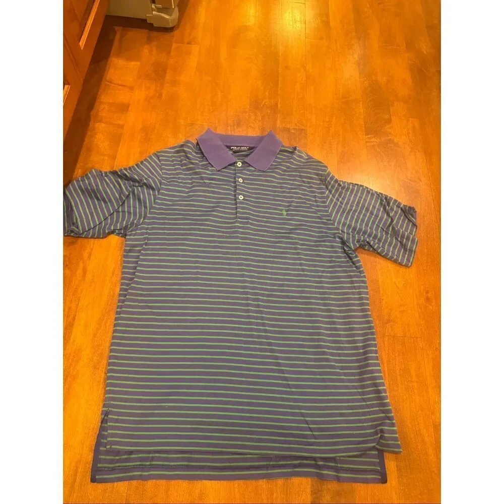 Ralph Lauren Polo Golf Shirt Mens L Purple Green Stripe Pima Cotton Classic Fit